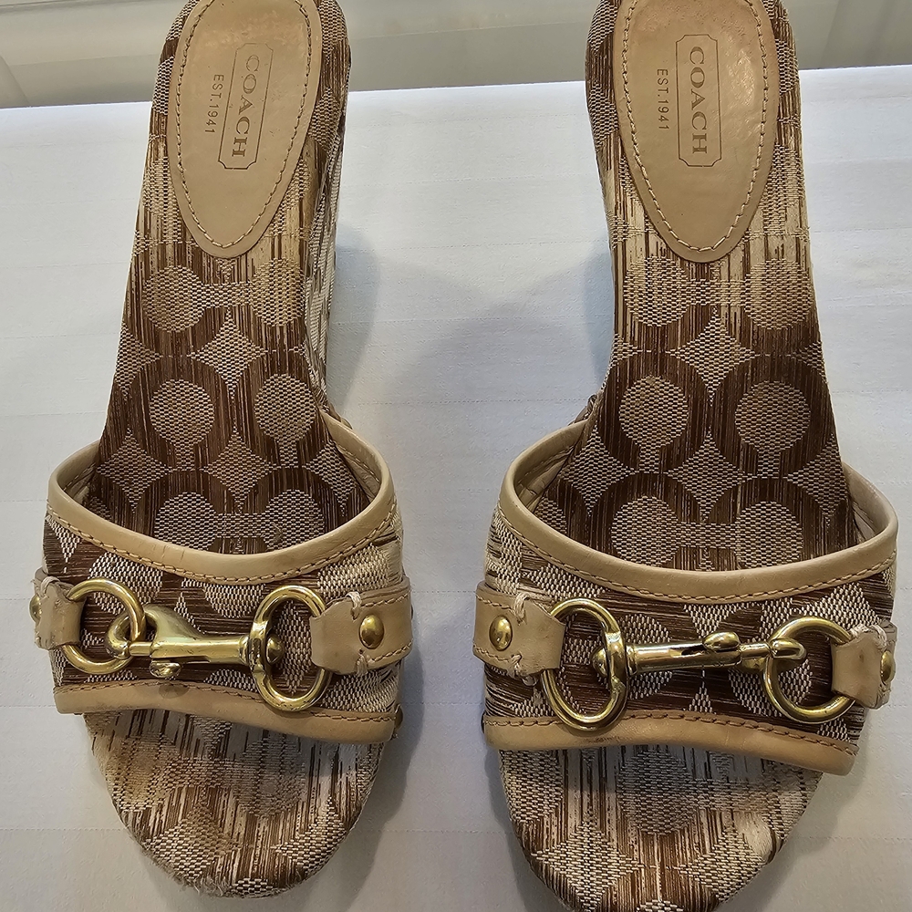 Coach Women's Natala IKAT Gold Khaki/Natural Wedge Sandal | Size 6.5